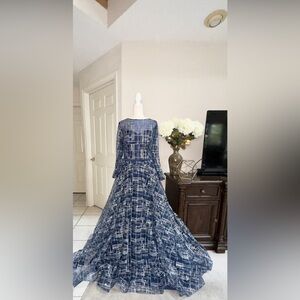 Navy blue and silver long sleeve prom dress formal dress